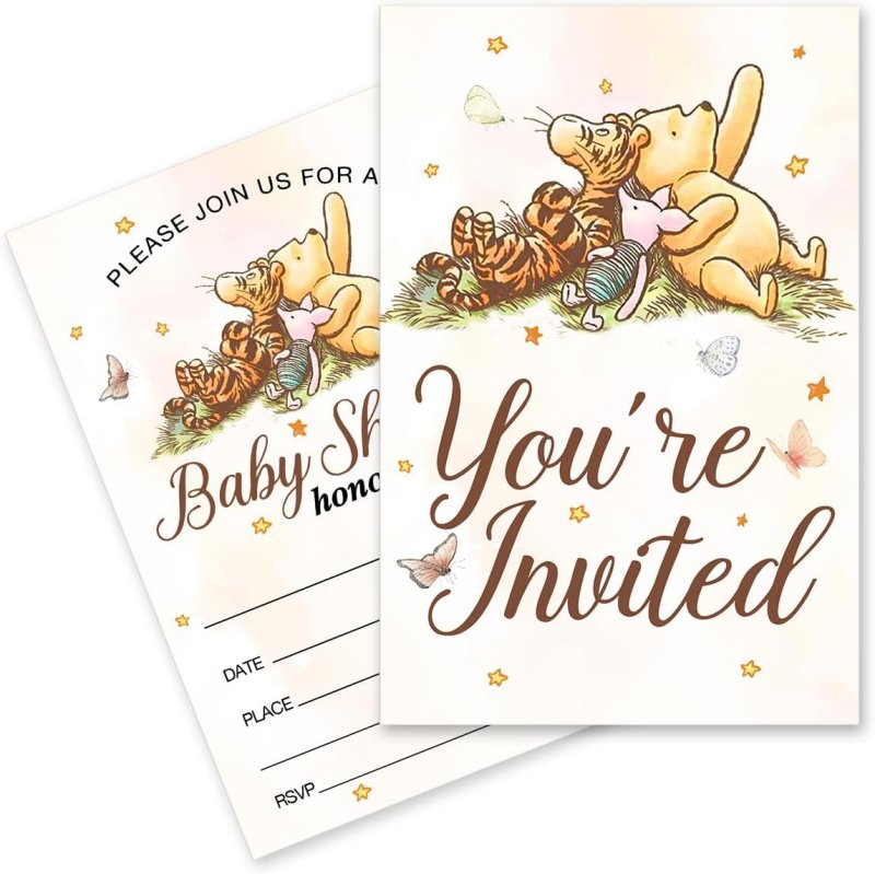 Classic Winnie the Pooh baby shower invitations featuring Winnie, Pooh and Tigger