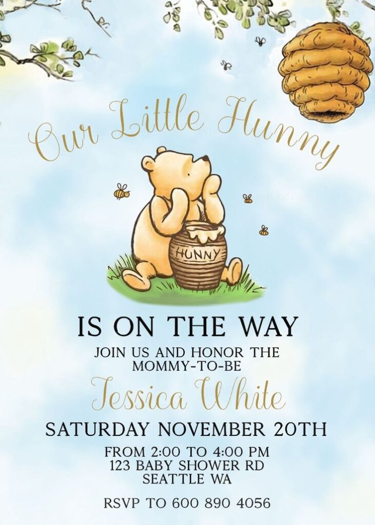 classic winnie the pooh baby shower invitations featuring Winnie the Pooh with hunny jar
