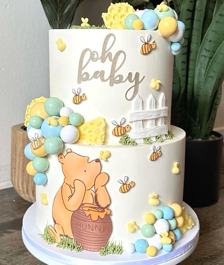 Winnie the Pooh baby shower cake with edible Pooh bear decoration, hunny pots, bumble bees, Oh Baby cake topper - party decor for Mommy to Bee + Winnie the Pooh baby shower themes