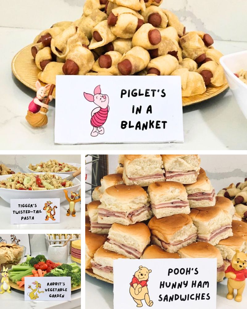 Winnie the Pooh baby shower food ideas - Piglets in a blanket, Tigger pasta salad, Rabbit's garden salad, Pooh honey ham sandwiches, more finger food ideas for a Winnie the Pooh baby shower
