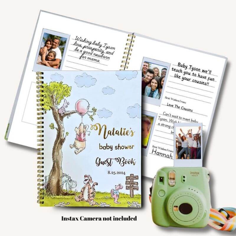 Winnie the Pooh baby shower guestbook with Instax camera and ideas to make a Winnie the Pooh baby shower photo booth  